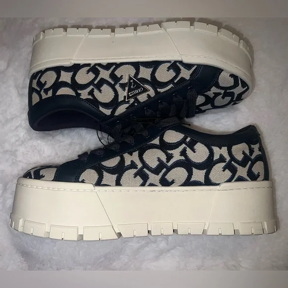GUESS Women's Blue and Cream Patterned Platform Sneakers - Picture 1 of 10